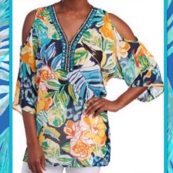 Melissa Paige Tropical Floral Sheer Beaded Top - Picture 2 of 8
